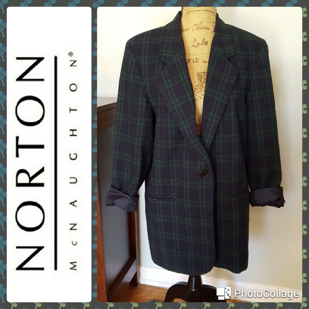 Norton McNaughton Women's Green and Navy Plaid Blazer